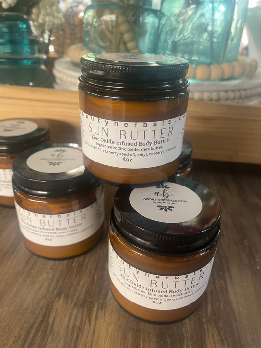 Sun Butter, zinc oxide based body butter 4 oz jar.