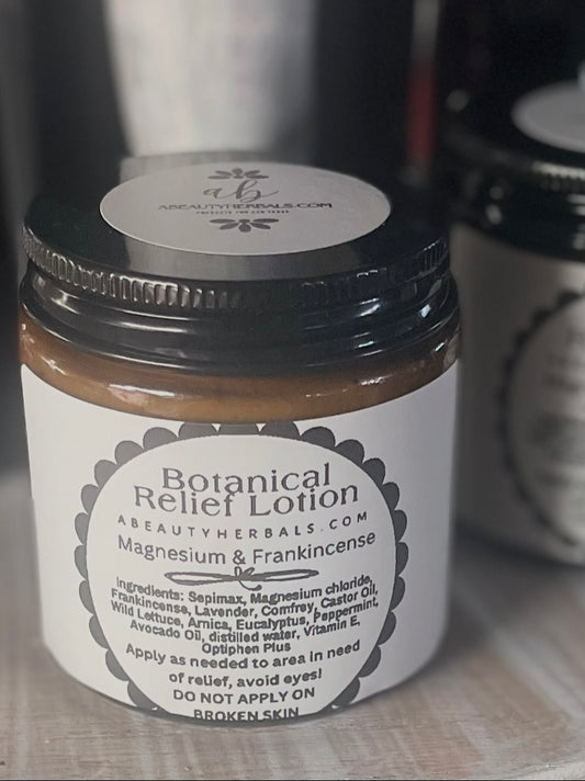 Botanical Relief Lotion infused with magnesium, arnica, Frankincense & more-4 oz jar. “Best Seller”!